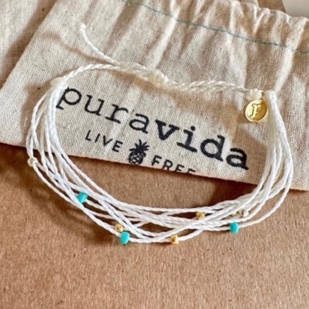 PURA VIDA White Malibu Bracelet with Turquoise, Gold & Silver Bead NEW